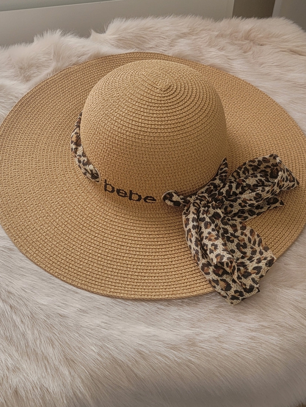 bebe Tan Straw Sun Hat with Leopard Accent